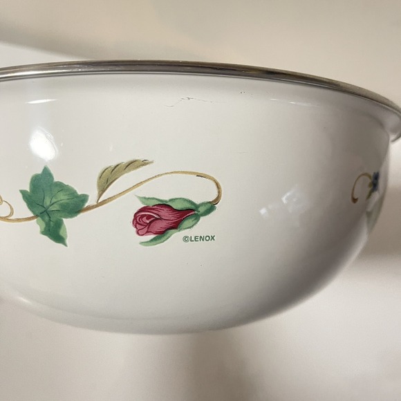 Vintage LENOX Rose Manor Green Ivy White Metal Enamelware 6" 10" Mixing Bowl Set - Picture 8 of 8
